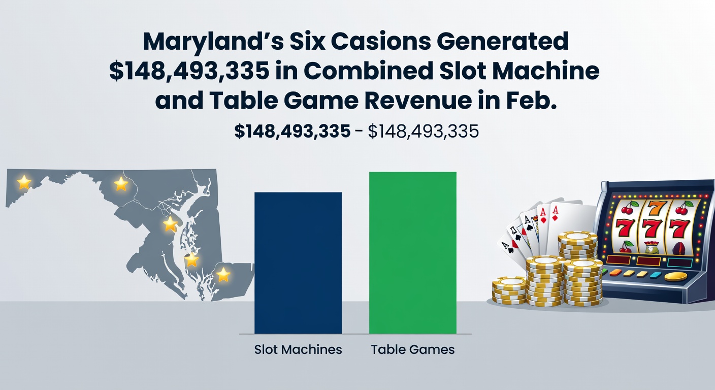 Graph showing Maryland casino revenue trends over time, with a highlighted dip in February 2026 amid rising discussions on expansion