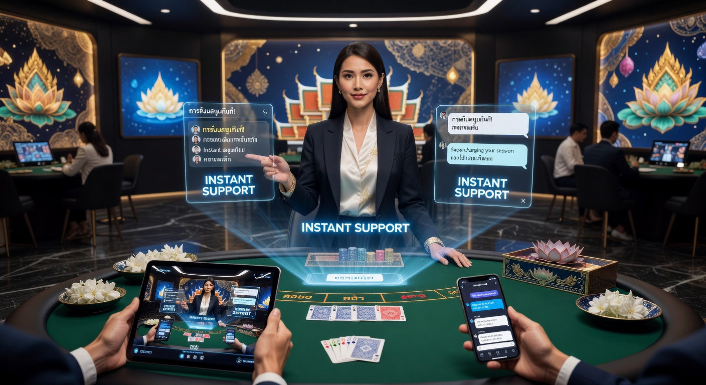 Vibrant themed live dealer arena with Thai players interacting via instant chat support, showcasing dynamic gameplay elements like roulette wheels and card tables under colorful lighting