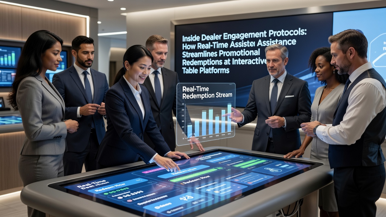 Interactive table platform showing dealer assisting player with promotional redemption in real time