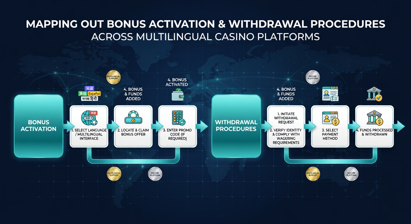 Diagram showing bonus activation steps on multilingual casino interfaces with language selection options
