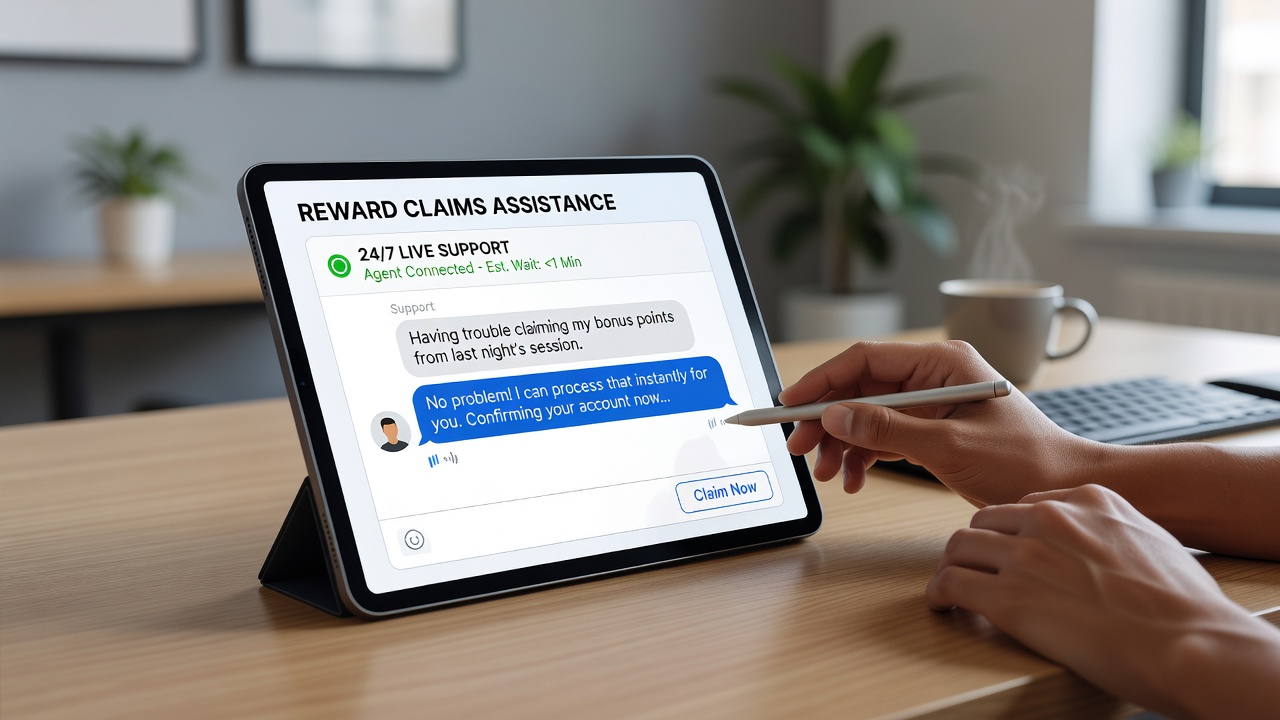 Support dashboard view showing 24-hour assistance metrics and reward claim status