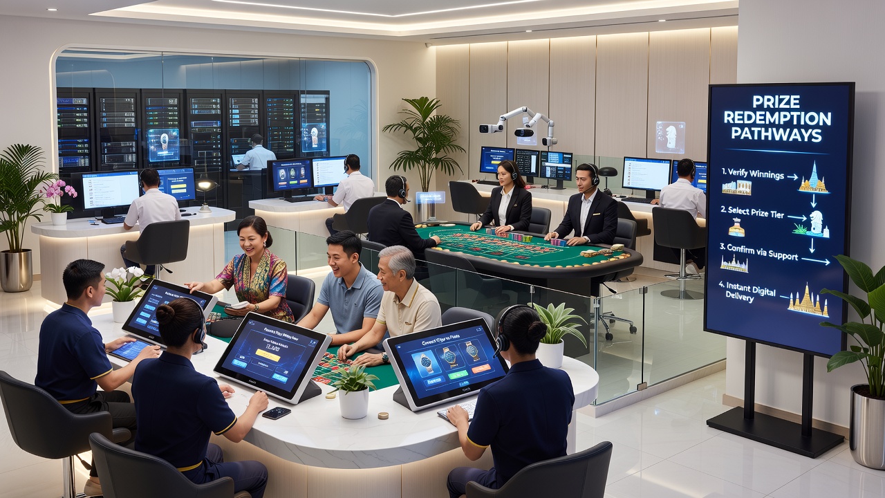 Support team handling live dealer prize redemption requests in a Southeast Asian operations center