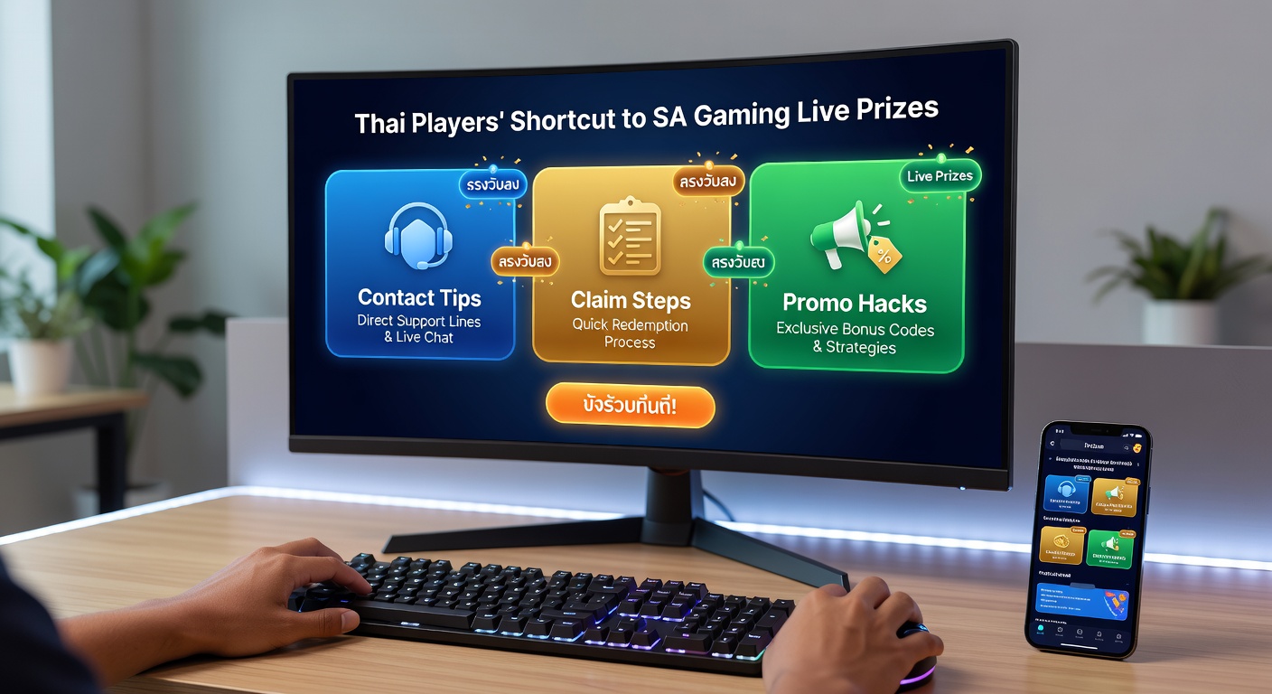 Step-by-step infographic showing SA Gaming prize claim process on a Thai player's screen, with icons for verification, withdrawal, and confirmation