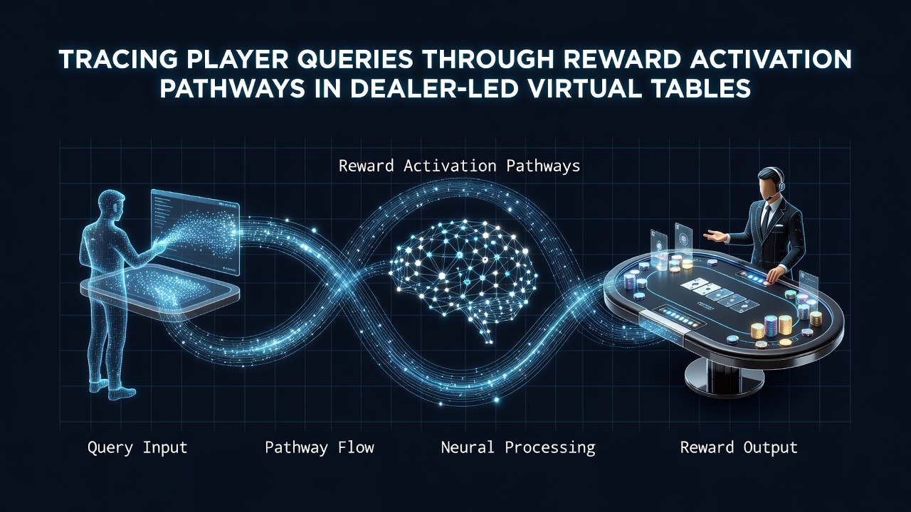 Diagram showing data flow from player queries to reward activation in virtual dealer tables
