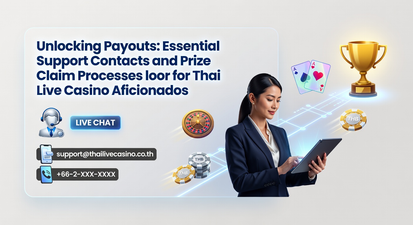 Thai player celebrating a live casino win at a payout desk with documents and support icons