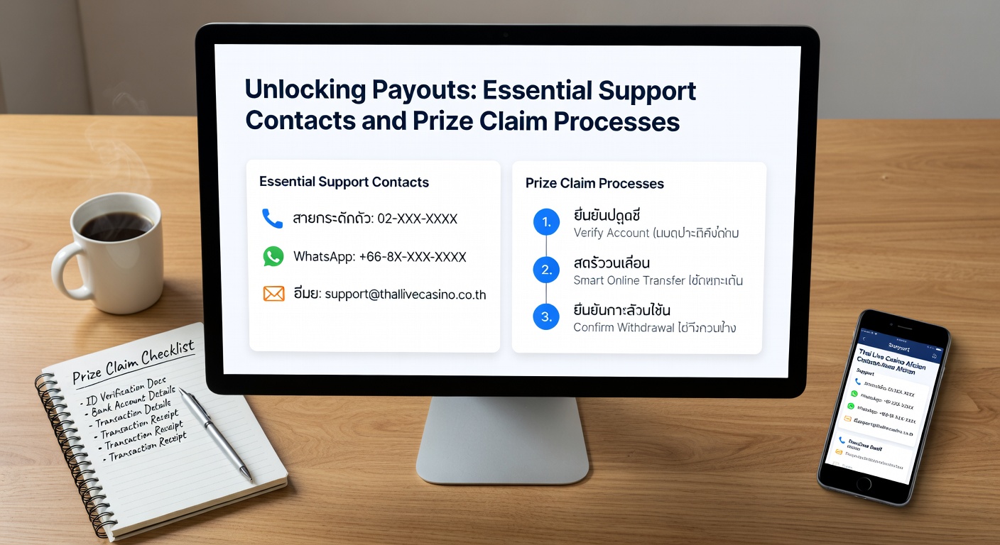 Contact icons including live chat, phone, and email for live casino support, with Thai language options highlighted